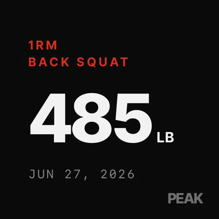Peak share card: Back Squat 1RM, 485 LB, June 27, 2026